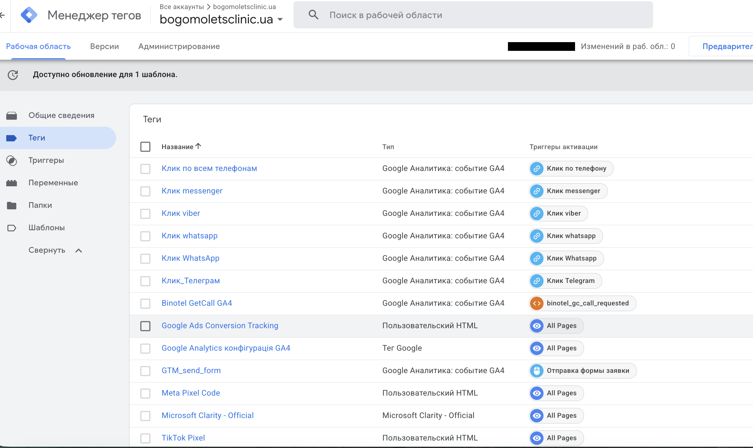 Google Tag Manager — теги Bogomolets Clinic